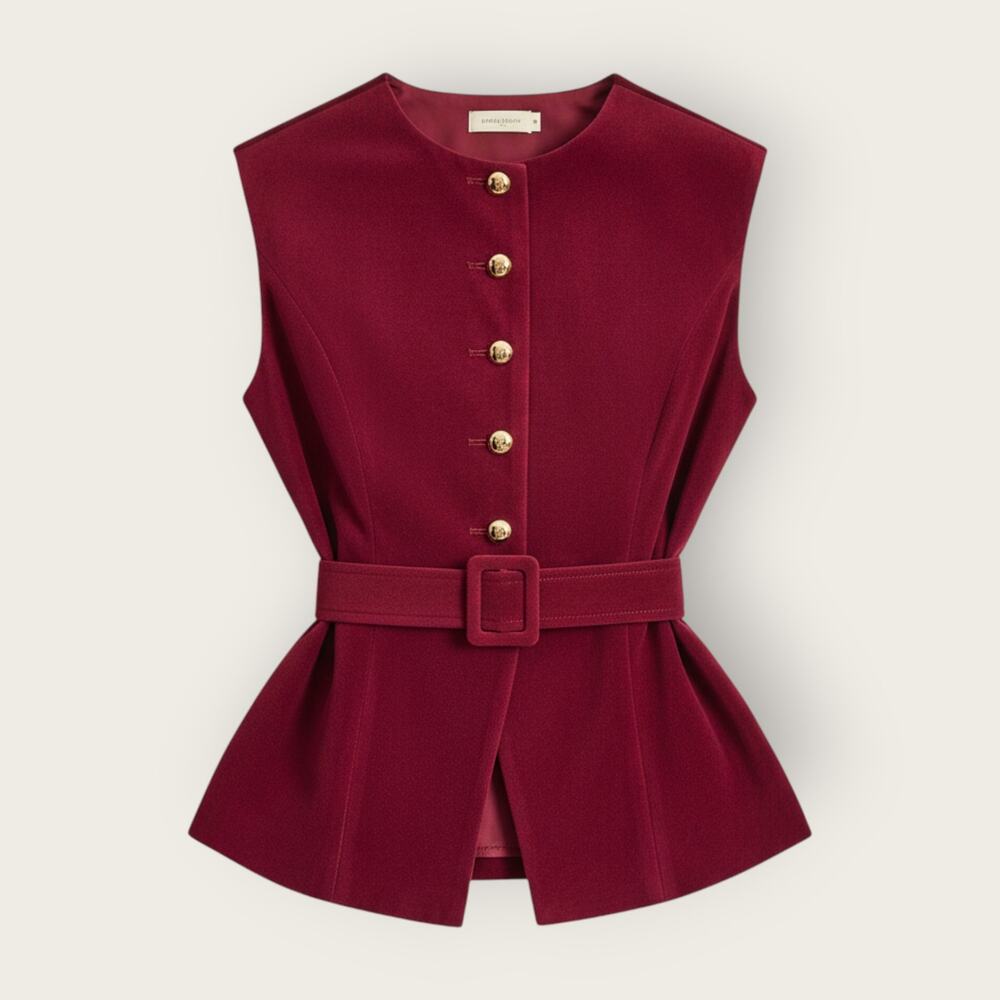 Commense Red Suede Belted Vest Gold Button Tailored Top NWT - XL Parisian Chic